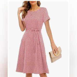 Charmyi Women’s Pink Polka Dot  Back Tie Stretchy Casual Swing Dress